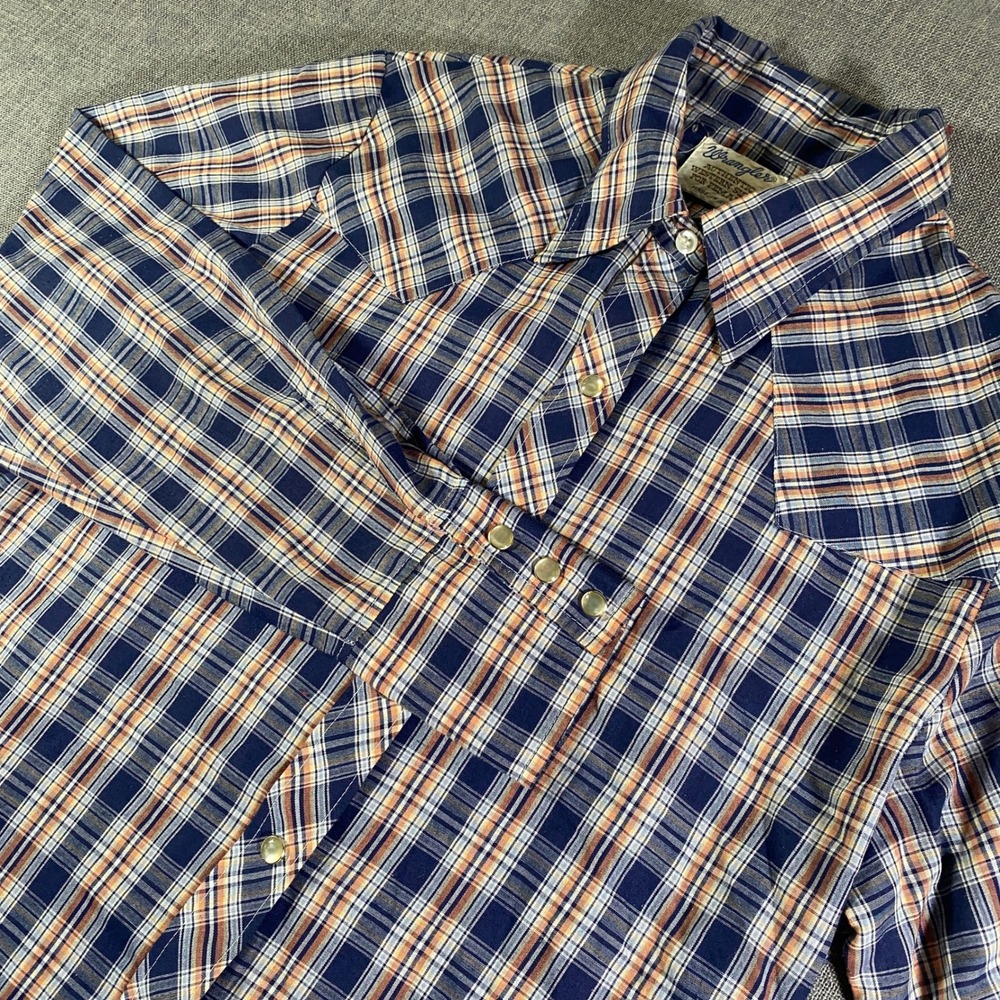 Wrangler Authentic Western Shirt Women Blue Plaid Button Long Sleeve Made in USA